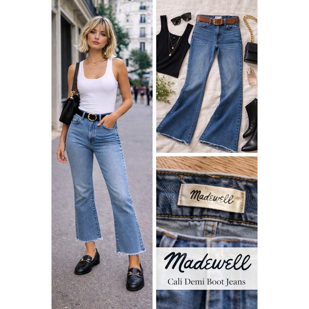 Madewell Cali Demi Boot Jeans‎ Blue Denim Raw Hem Cropped Feel Mid Rise Size 32